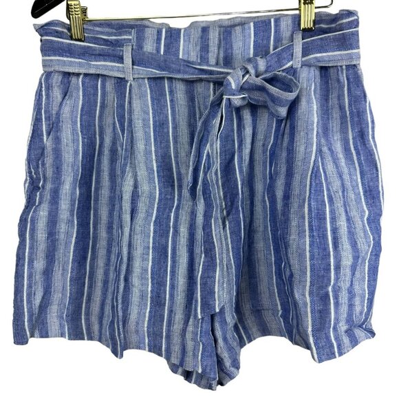 H&M Paper-bag Blue/White Striped Pockets Dressy Linen Blend Shorts Size 12 - Picture 1 of 14